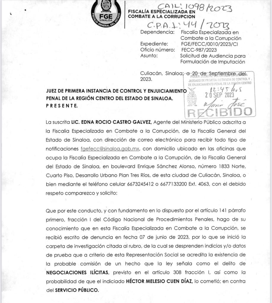 FGE solicita audiencia para formulación de imputación contra Héctor Melesio Cuén Díaz