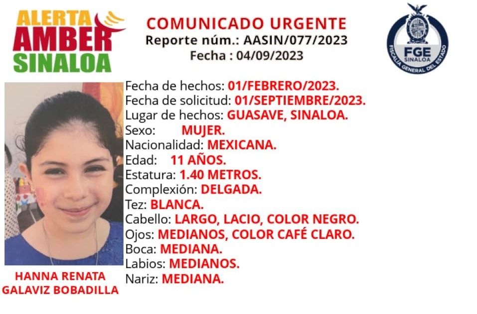 Hanna Renata desapareciÃ³ desde hace seis meses en Guasave; FiscalÃ­a activa la Alerta Amber (cortesÃ­a).