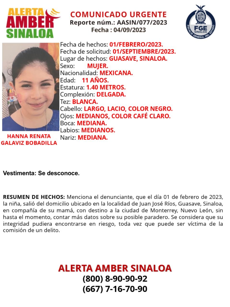 Hanna Renata desapareciÃ³ desde hace seis meses en Guasave; FiscalÃ­a activa la Alerta Amber (cortesÃ­a)