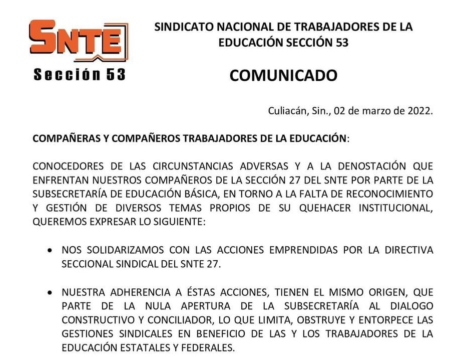 Se solidariza SNTE 53 con la 27; de no atender peticiones llaman a emprender acciones (cortesía).2