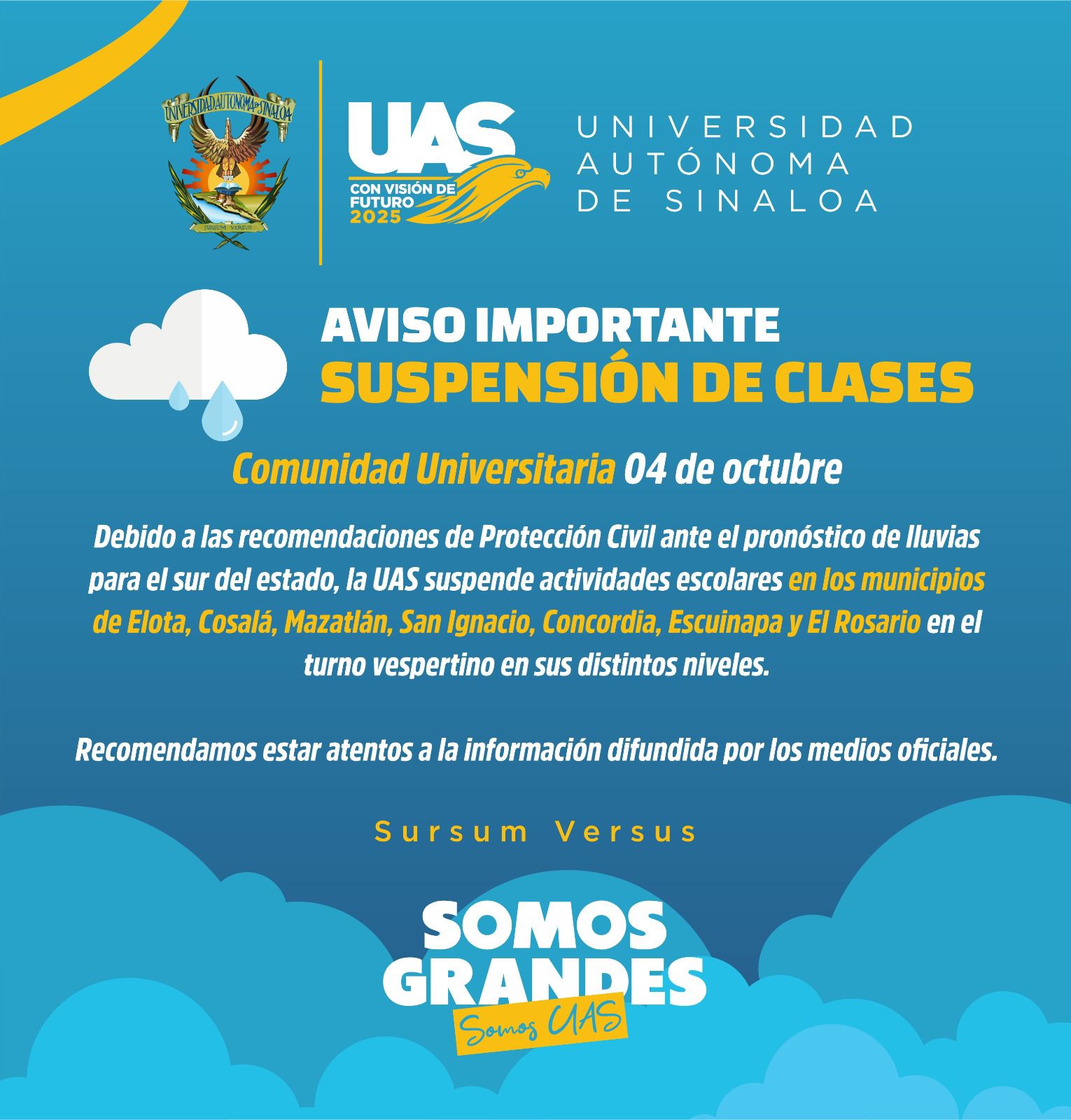 Aviso de suspensión de clases en el sur de Sinaloa