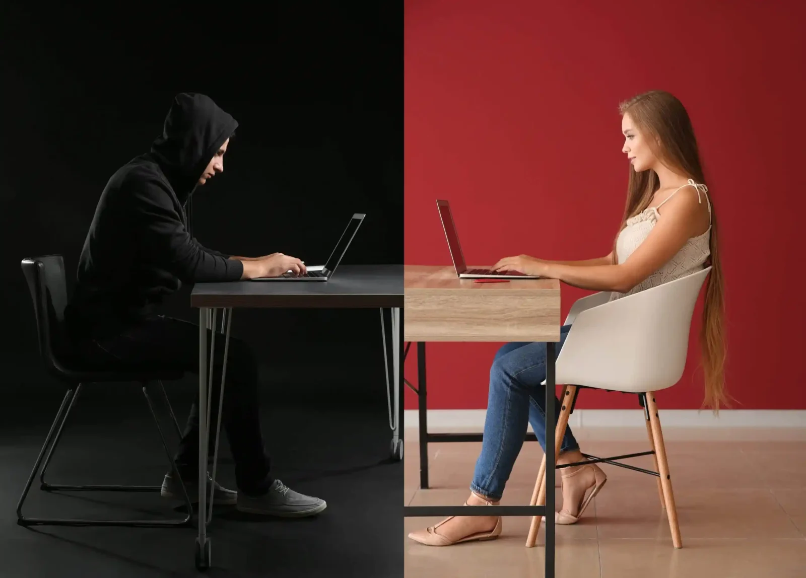 Conversación online con entre mujer y hombre vestido de negro