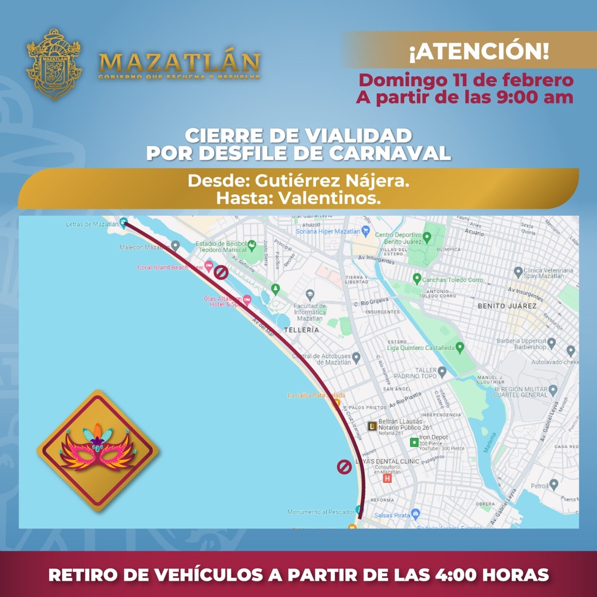 Cierre de avenida del Mar por Carnaval de Mazatlán 